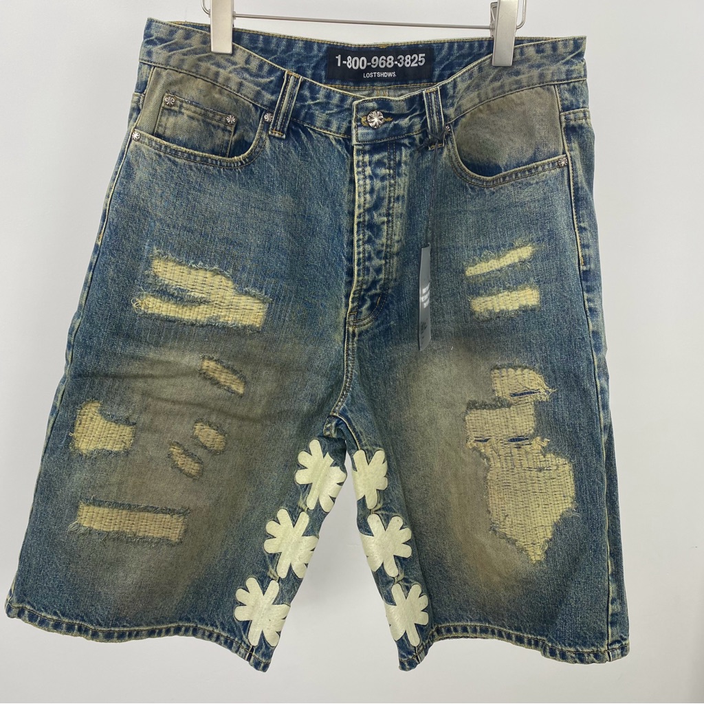 Distressed Blue Jean Shorts With Lace Accents